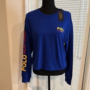 Polo Blue Logo Front & Sleeve Crew Neck Long Sleeve Cropped T-Shirt